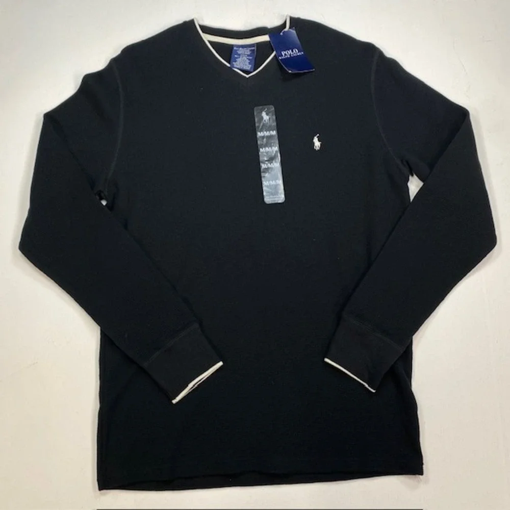 Polo Ralph Lauren Mens Black Waffle Knit V-Neck Sleepwear Thermal Top Medium NWT